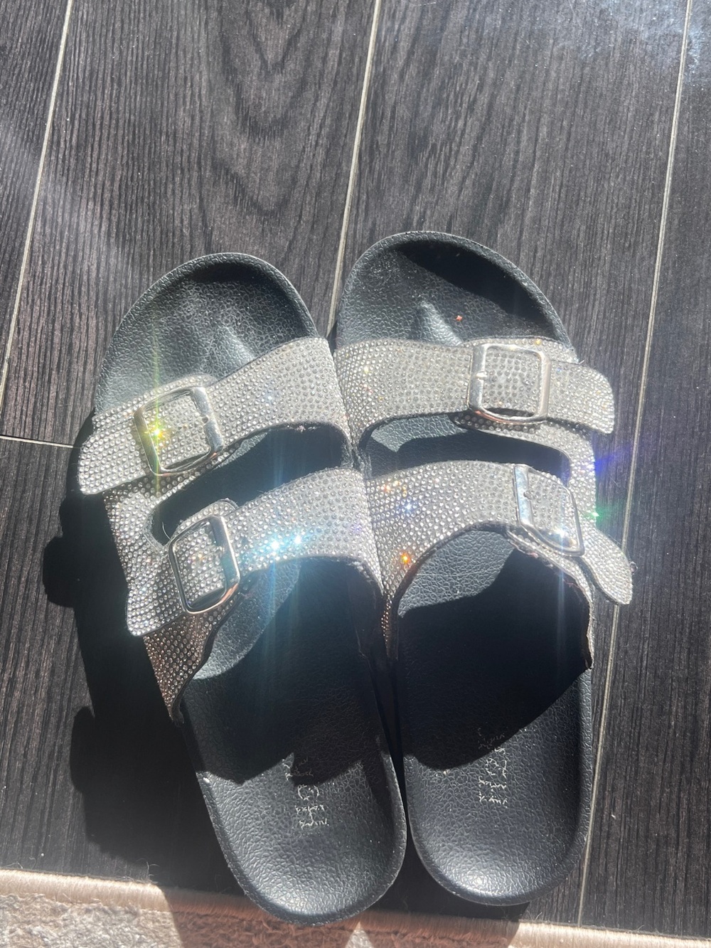 Women's Black Slide Sandals with Sparkling Silver Crystal Straps